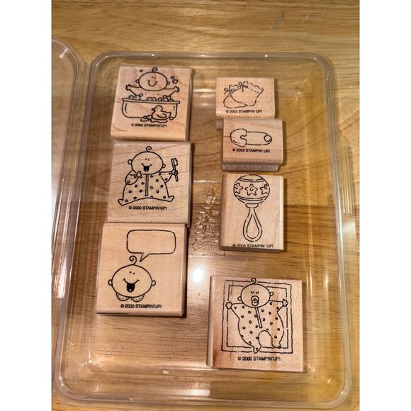 Stampin Up! Baby-Theme set of Wood Mount Rubber Stamps Rattle Birth Announcement - Picture 2 of 3